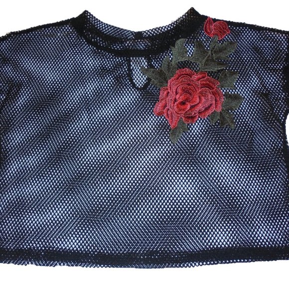 Top Cropped Black Mesh Embroidered see-through net short blouse shirt Retro - Picture 1 of 8
